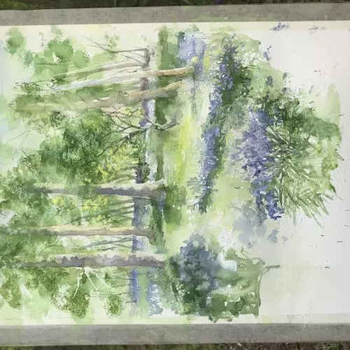 A watercolour painting of bluebells and bees